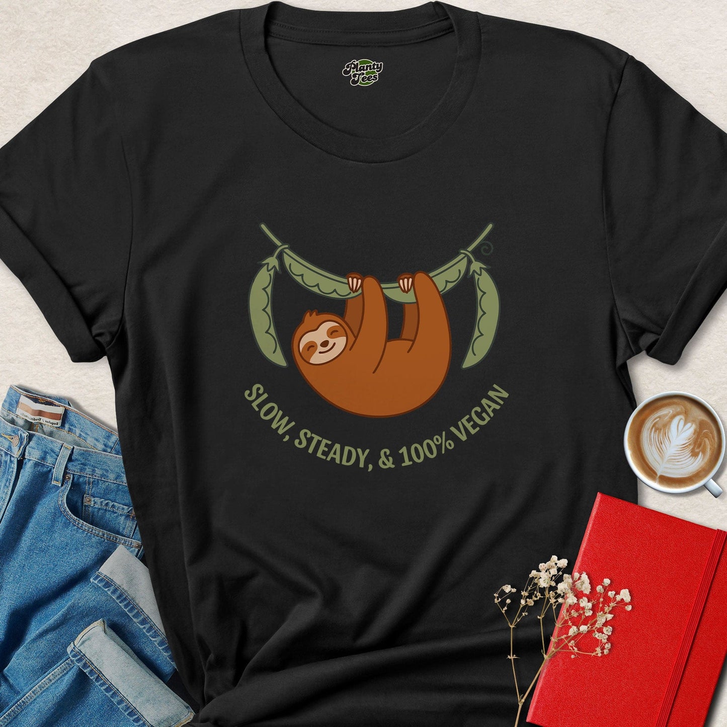 Slow Steady 100% Vegan Sloth Shirt | Cute Vegan Graphic Tee