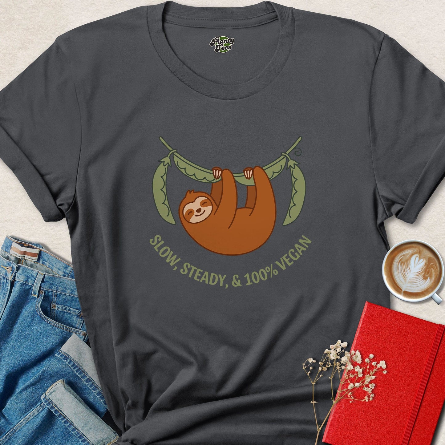 Slow Steady 100% Vegan Sloth Shirt | Cute Vegan Graphic Tee