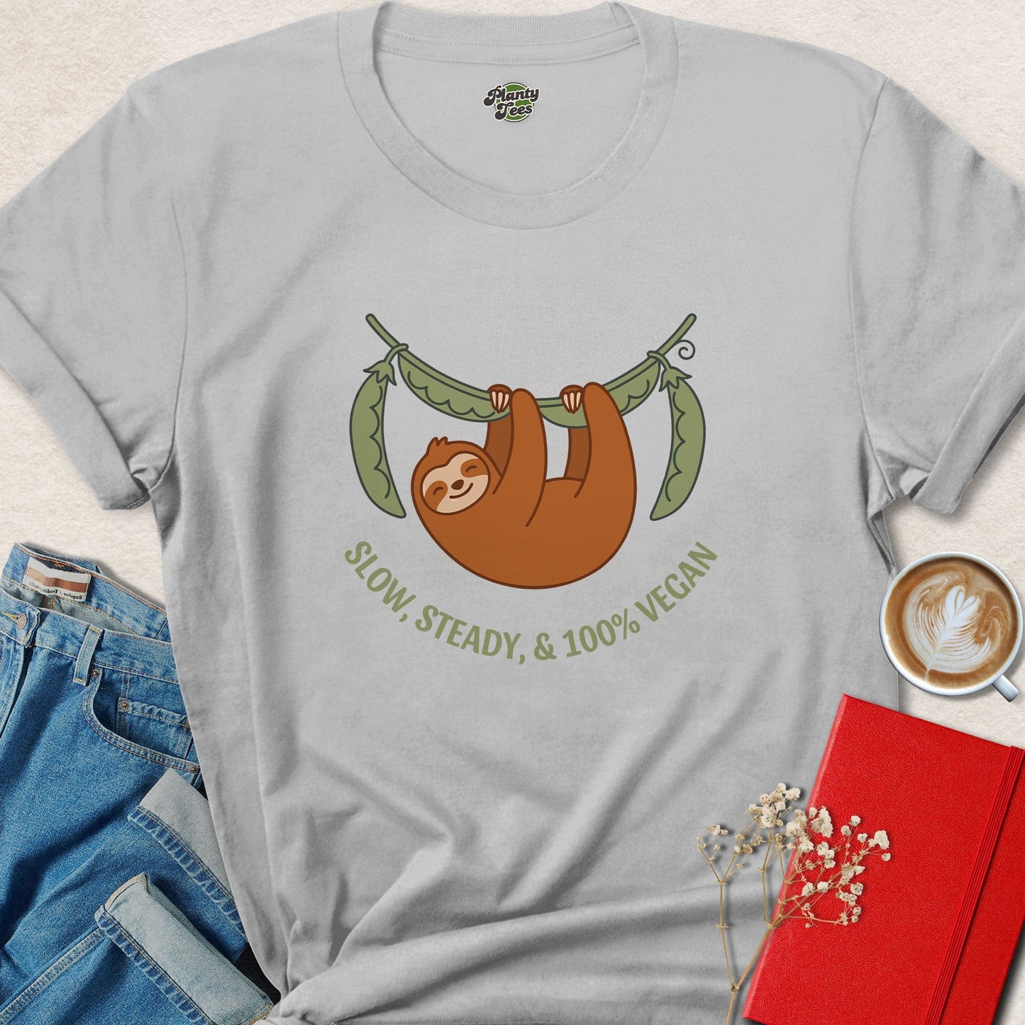 Slow Steady 100% Vegan Sloth Shirt | Cute Vegan Graphic Tee