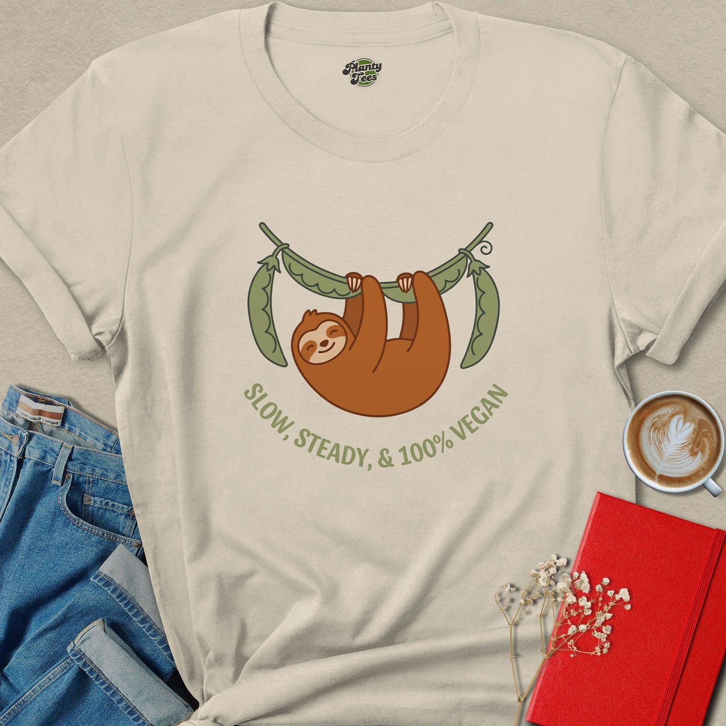 Slow Steady 100% Vegan Sloth Shirt | Cute Vegan Graphic Tee