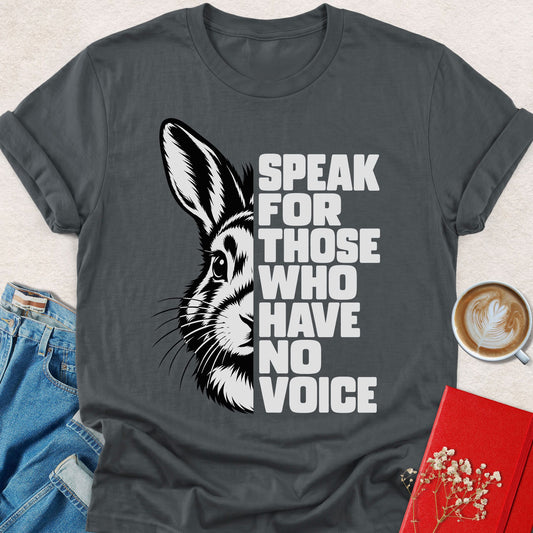 Charcoal crew-neck T-shirt with white rabbit graphic and bold slogan print