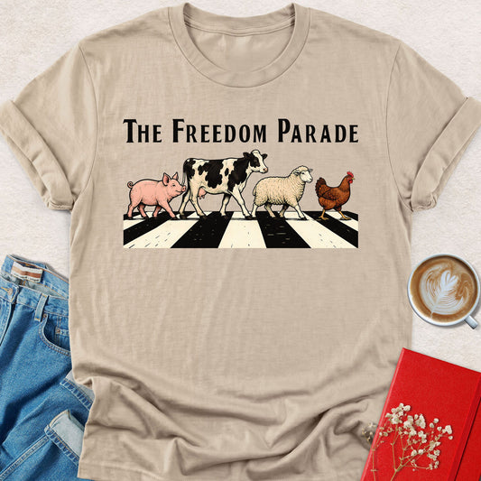 Sand Freedom Parade T-shirt with farm animals graphic on striped panel