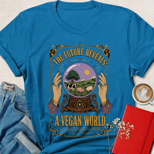 Blue vegan tarot graphic t-shirt with circular hands, tree, and animals front print