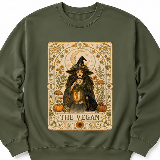 Military green sweatshirt with centered witch graphic and text "THE VEGAN".