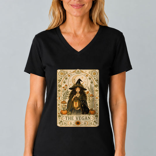 Black V-neck T-shirt with witch graphic print on the chest