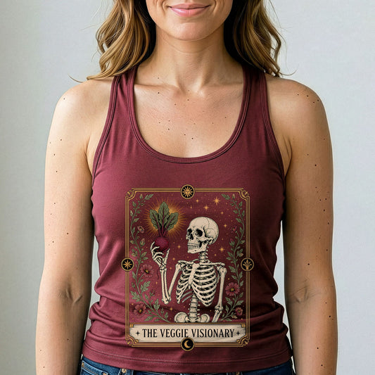 Cardinal red Halloween tank top with skeleton and veggie graphic print