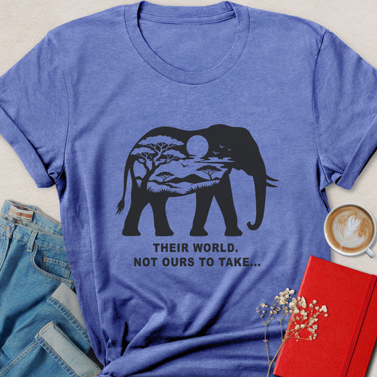 A heathered blue crewneck t-shirt featuring a black graphic of an elephant containing a savanna landscape and the text 'THEIR WORLD. NOT OURS TO TAKE.
