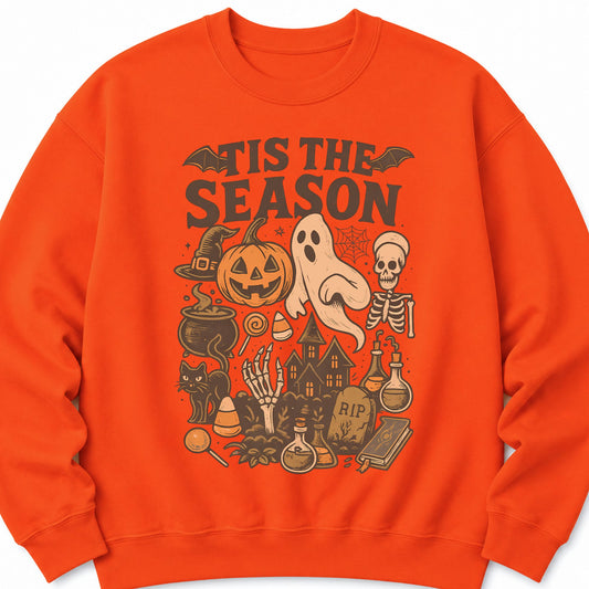 Orange crewneck Halloween sweatshirt with “Tis the Season” spooky graphic print
