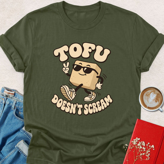 Military green graphic T-shirt with cartoon tofu face and 'Doesn't Scream' slogan print