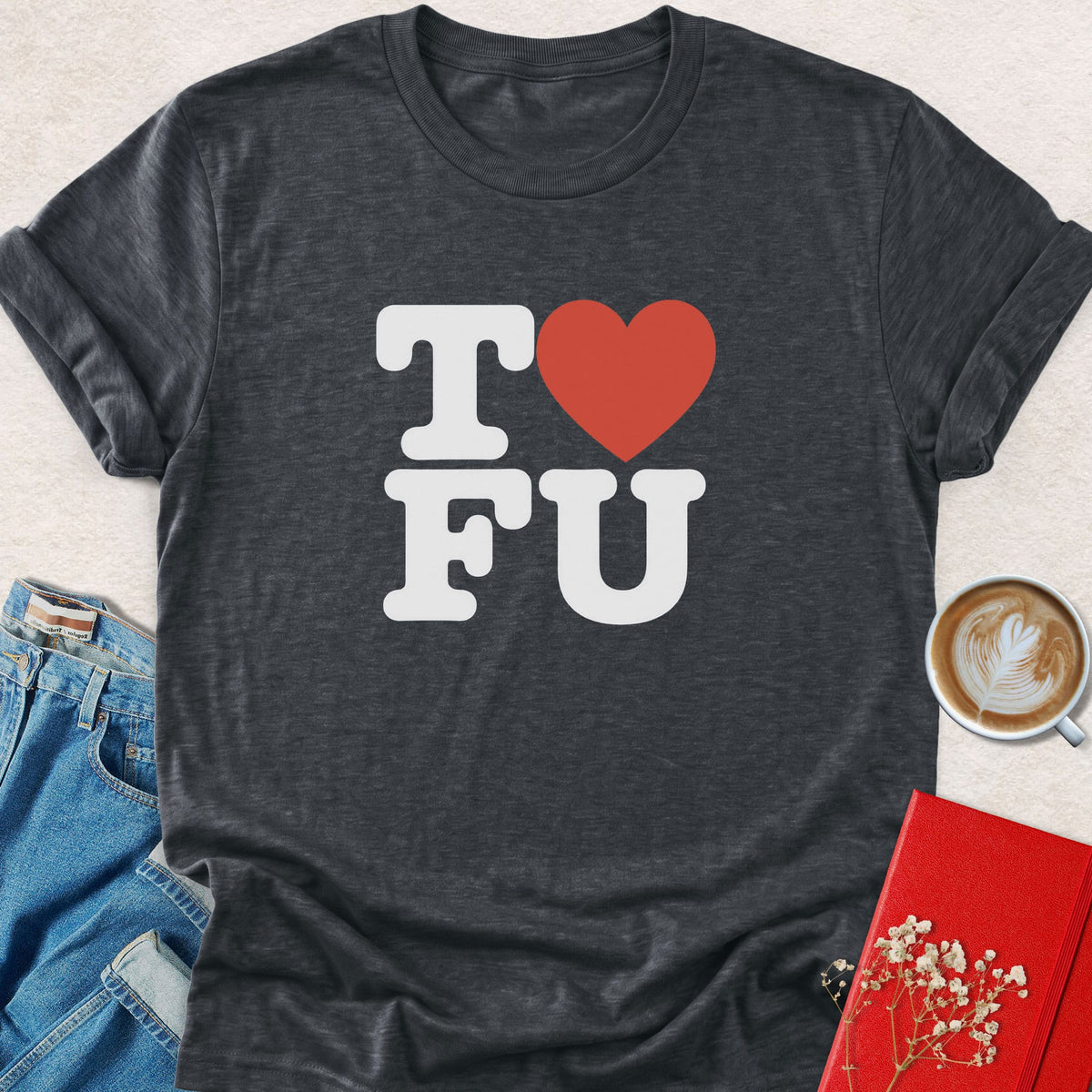 Dark gray crew-neck short-sleeve Love T-shirt with "I ❤ FU" graphic