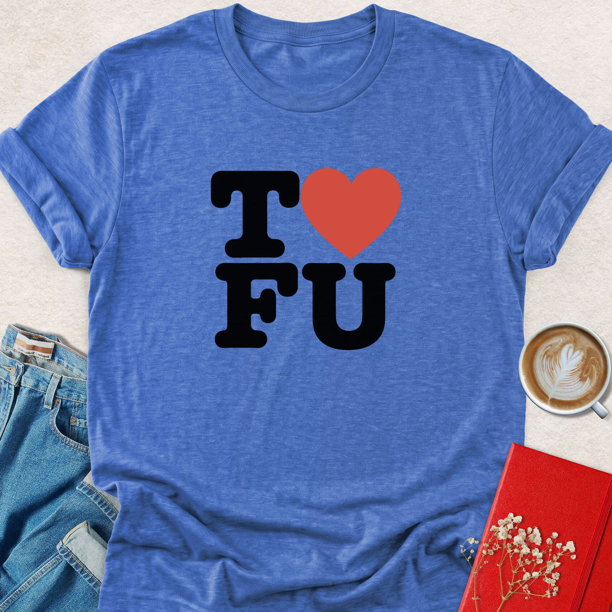 Blue crew-neck short-sleeve Love T-shirt with "I ❤ FU" graphic