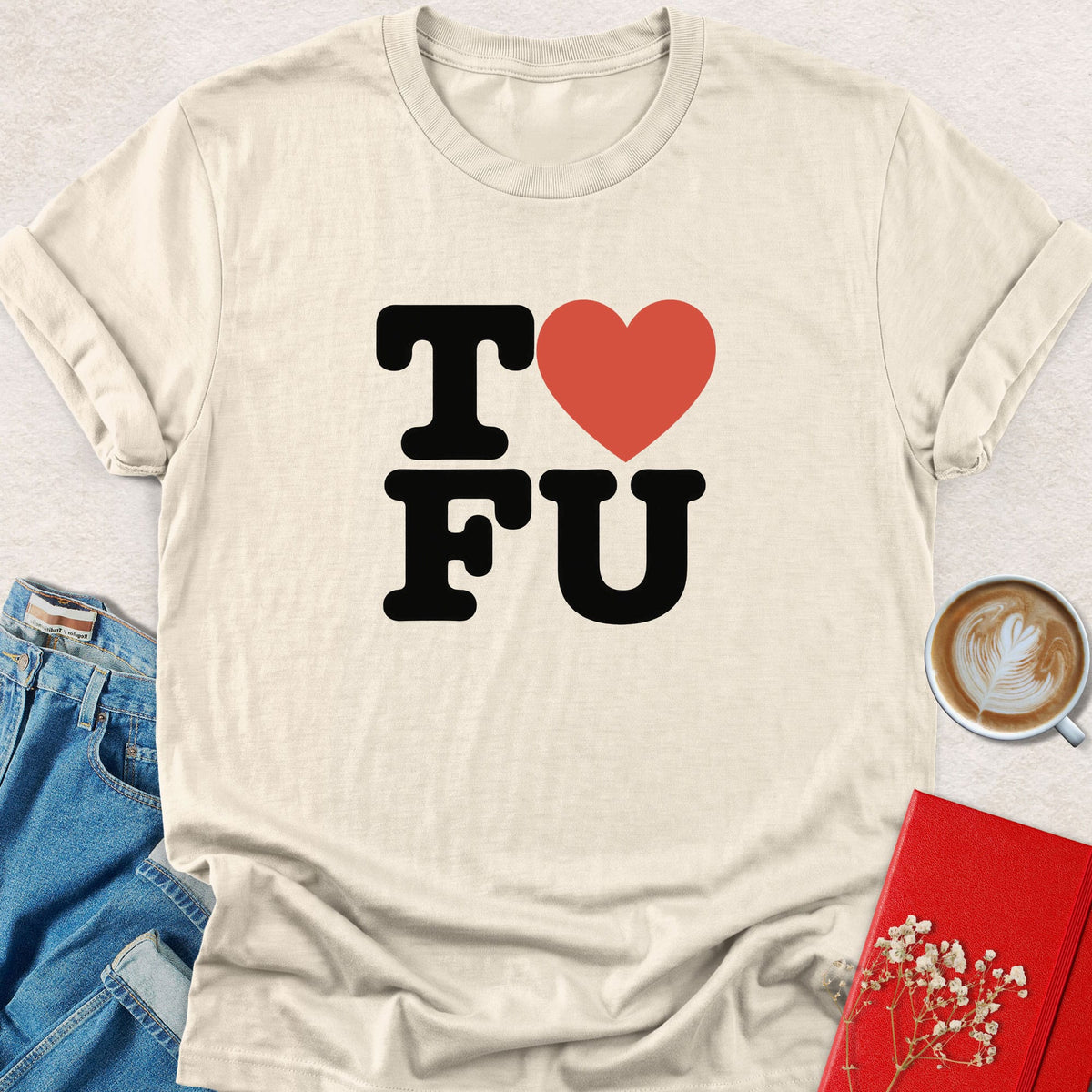 Light cream crew-neck short-sleeve Love T-shirt with "I ❤ FU" graphic