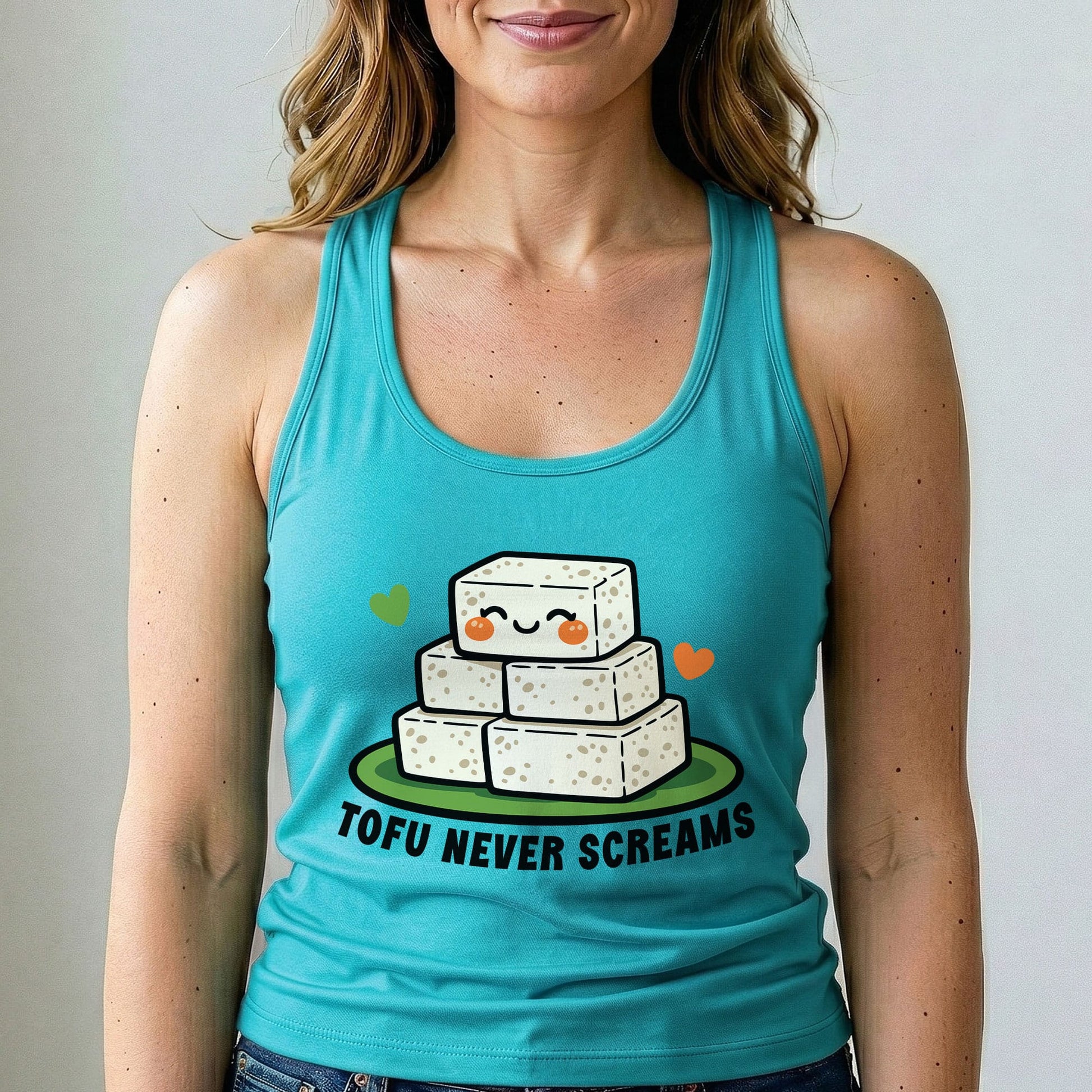 A woman wearing a turquoise racerback tank top with a cute graphic of stacked tofu blocks on a plate and the text 'TOFU NEVER SCREAMS'.