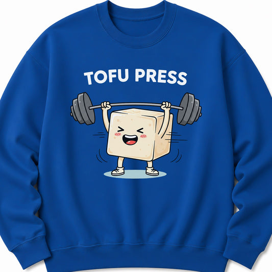 Royal blue crewneck sweatshirt with cartoon tofu lifting weights graphic