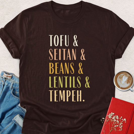 Dark chocolate vegan protein T-shirt with tofu, seitan, beans, lentils, tempeh print