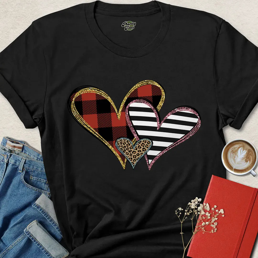 Triple Heart Valentine Tee – Bold Vegan Shirt with Leopard, Plaid & Stripes | Shop Now