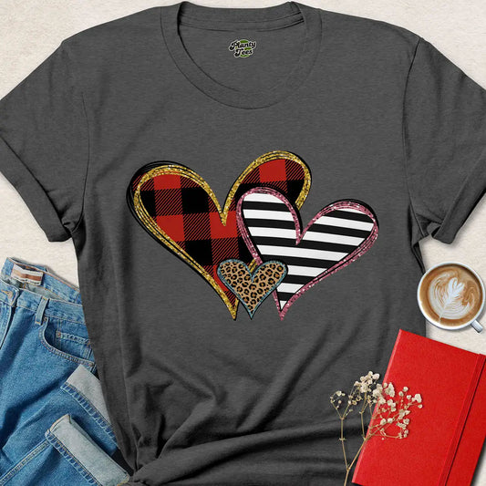 Triple Heart Valentine Tee – Bold Vegan Shirt with Leopard, Plaid & Stripes | Shop Now