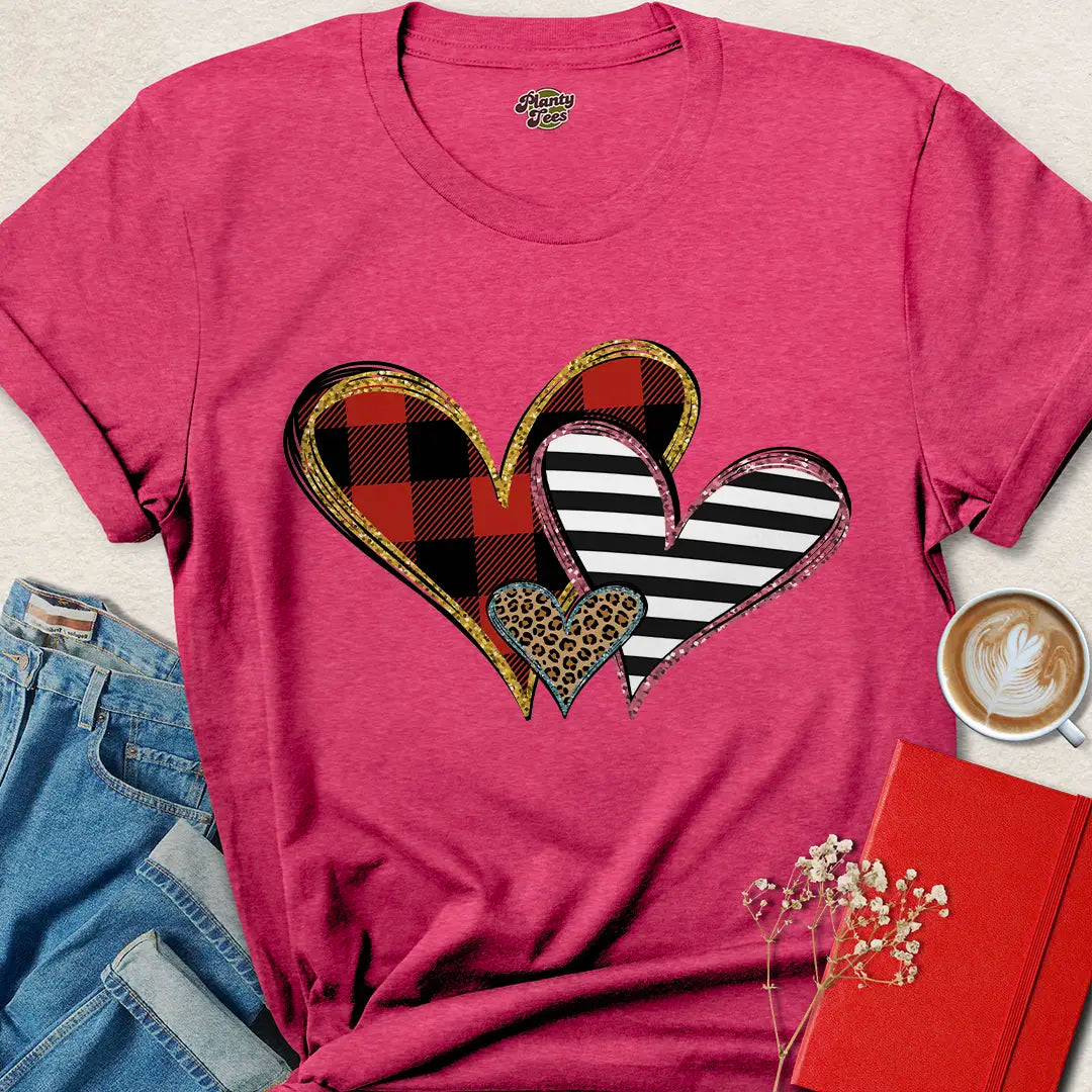 Triple Heart Valentine Tee – Bold Vegan Shirt with Leopard, Plaid & Stripes | Shop Now