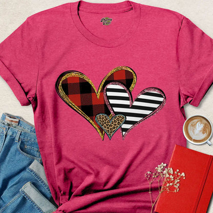 Triple Heart Valentine Tee – Bold Vegan Shirt with Leopard, Plaid & Stripes | Shop Now