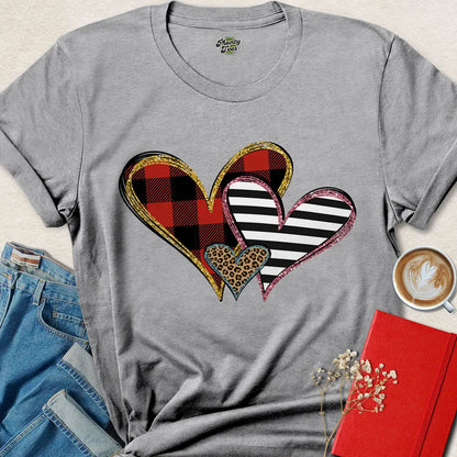 Triple Heart Valentine Tee – Bold Vegan Shirt with Leopard, Plaid & Stripes | Shop Now