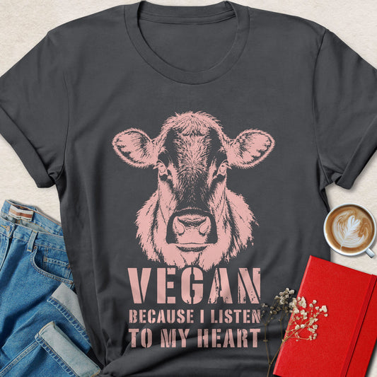 Vegan Because I Listen to My Heart Cow Sketch T-Shirt