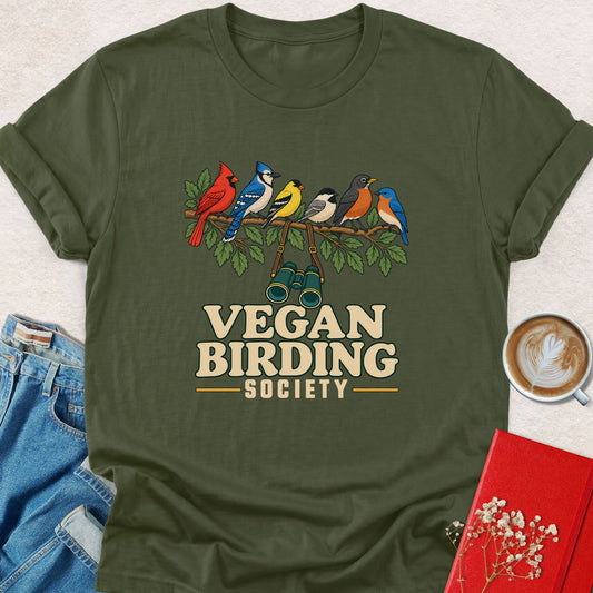 Military green vegan birding society T-shirt with colorful birds-on-branch graphic and slogan