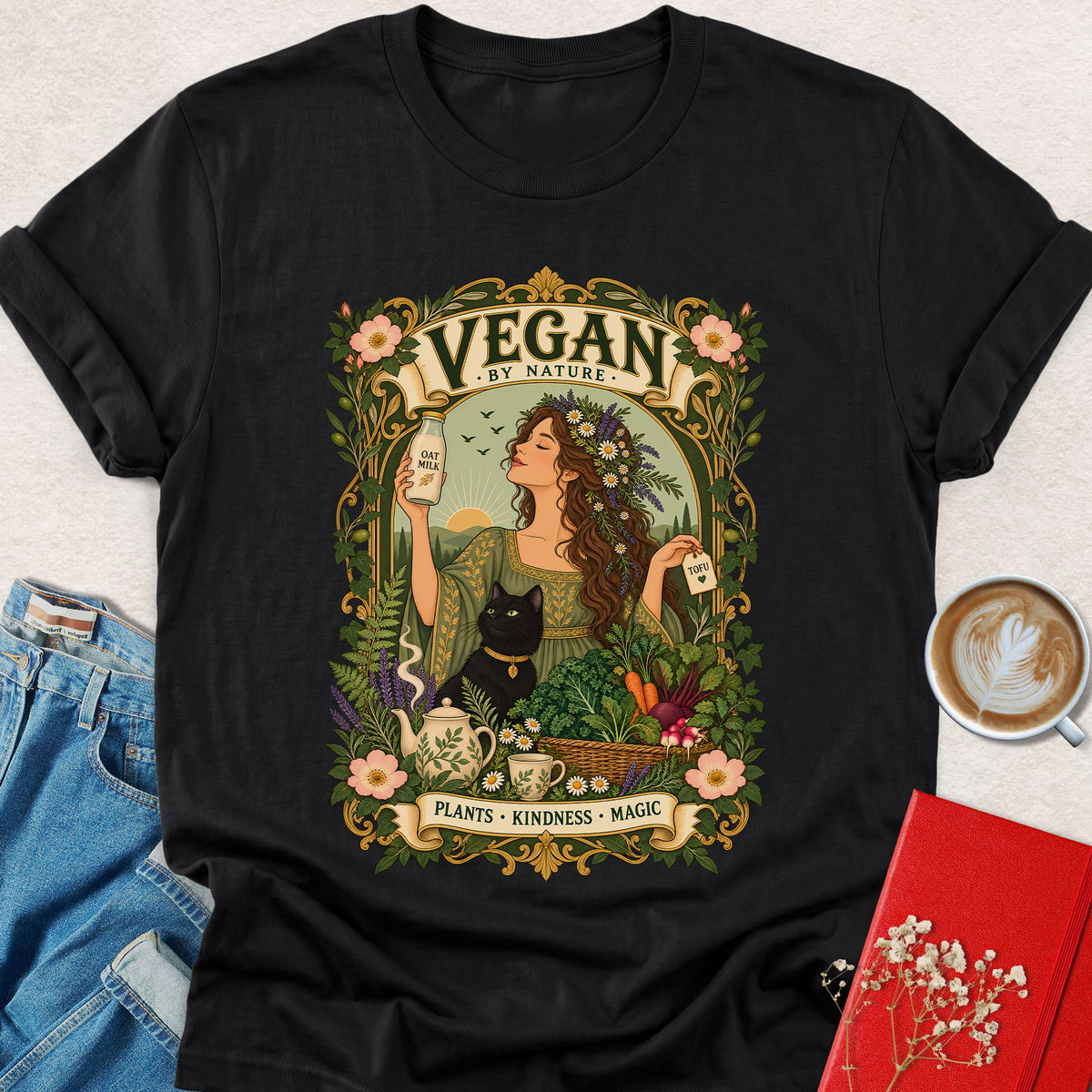 Vegan by Nature garden witch T-shirt, black crew-neck with front logo graphic