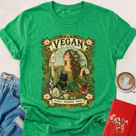 Vegan by Nature garden witch T-shirt, heather Irish green crew-neck with front logo graphic