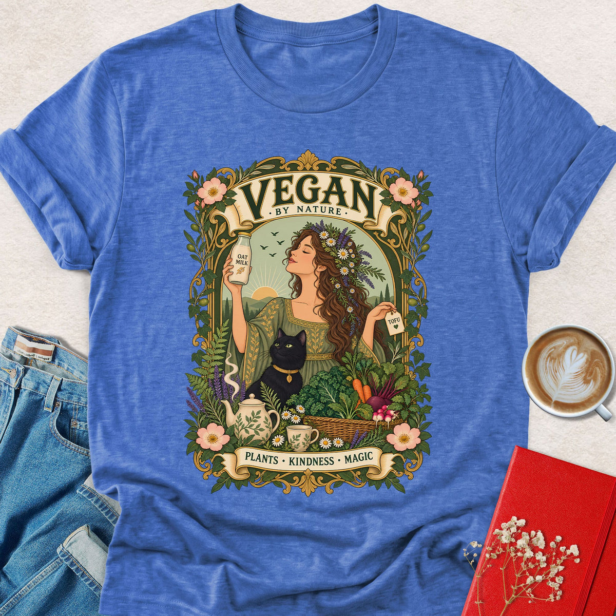 Vegan by Nature garden witch T-shirt, heather royal blue crew-neck with front logo graphic