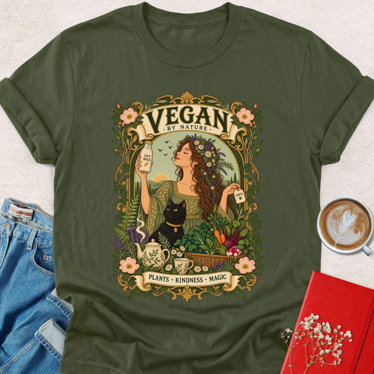 Vegan by Nature garden witch T-shirt, heather military green crew-neck with front logo graphic