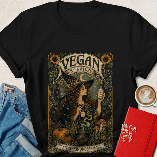 Black vegan tarot T-shirt with circular witch graphic reading “VEGAN by NATURE”.