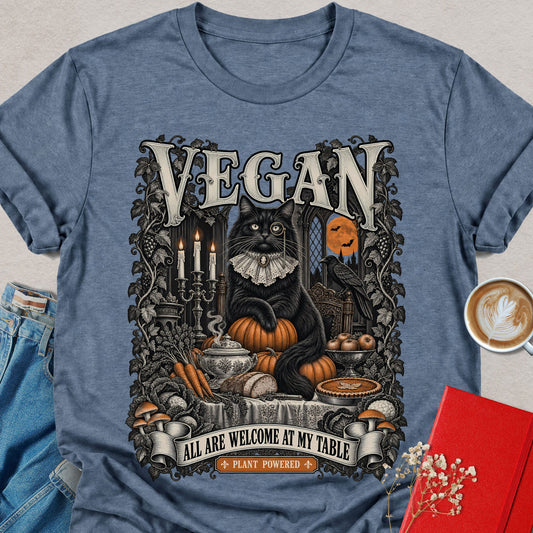 Heather indigo vegan Halloween t-shirt with cat, candles, pumpkins graphic