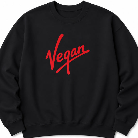 Black vegan logo crewneck sweatshirt with red 'Vegan' script on front