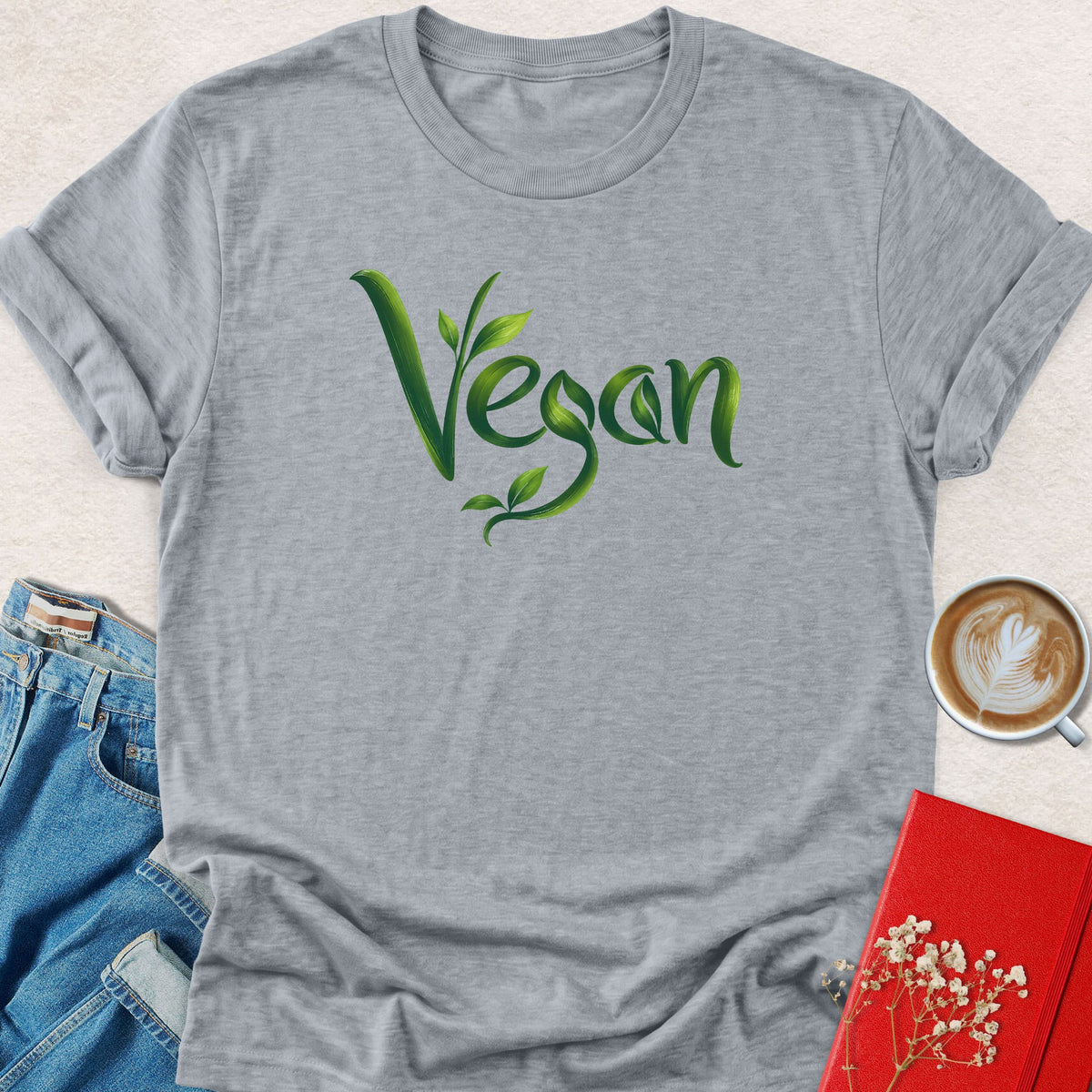 Sport grey crewneck T-shirt with green vegan leaf script graphic