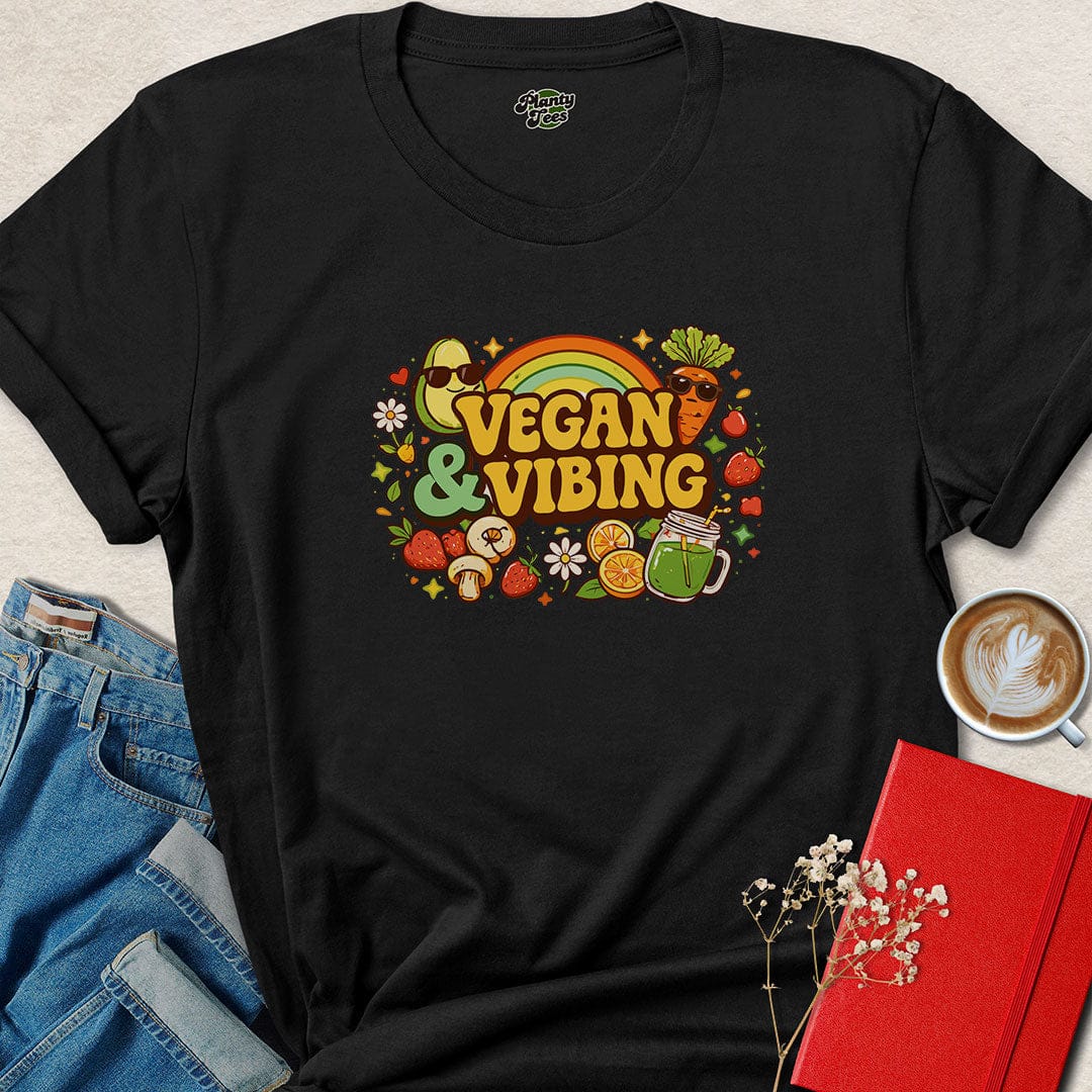 Vegan and Vibing Shirt – Fun Retro Plant-Based Tee for Happy Herbivores
