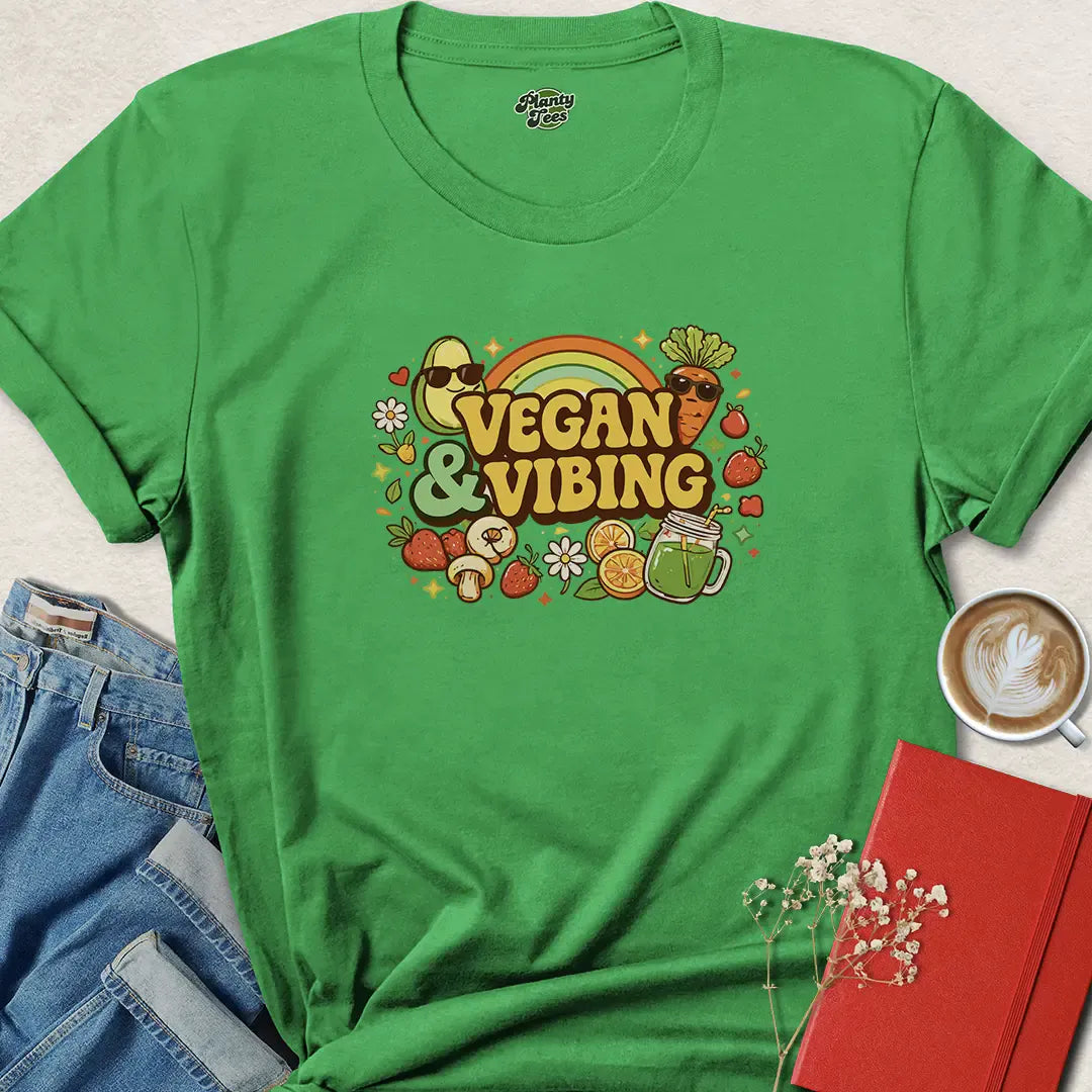 Vegan and Vibing Shirt – Fun Retro Plant-Based Tee for Happy Herbivores