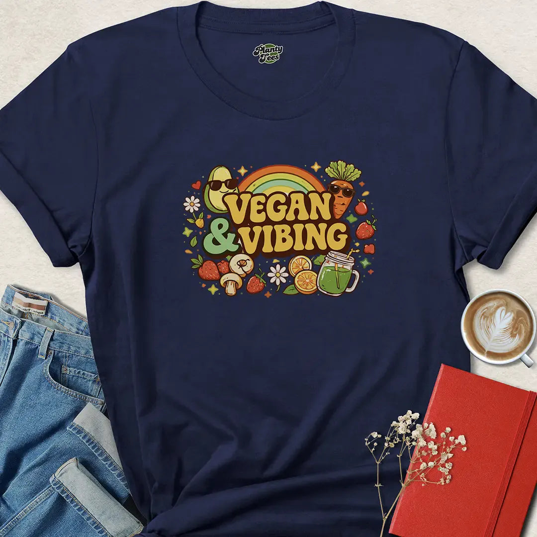 Vegan and Vibing Shirt – Fun Retro Plant-Based Tee for Happy Herbivores