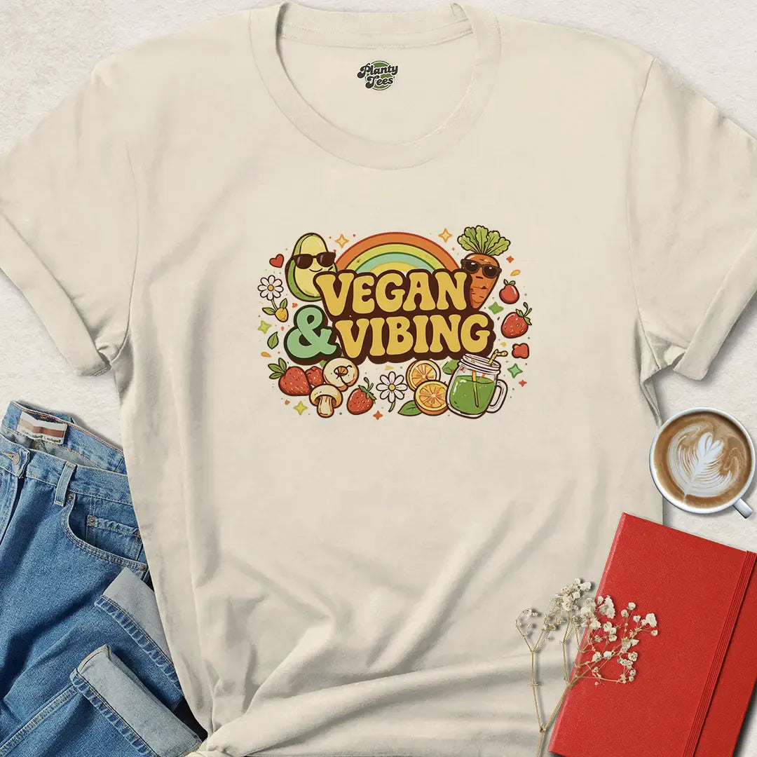 Vegan and Vibing Shirt – Fun Retro Plant-Based Tee for Happy Herbivores