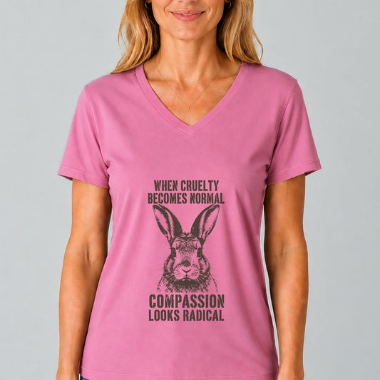 Pink V-neck T-shirt with rabbit graphic and stacked compassion text
