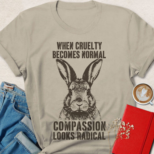 Sand rabbit sketch t-shirt with slogan 'WHEN CRUELTY BECOMES NORMAL'