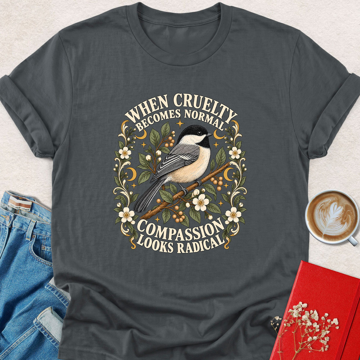 Charcoal bird graphic t-shirt with floral slogan print on front