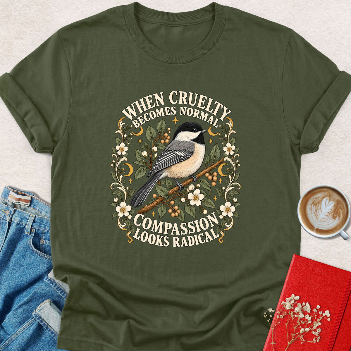 Military green bird graphic t-shirt with floral slogan print on front