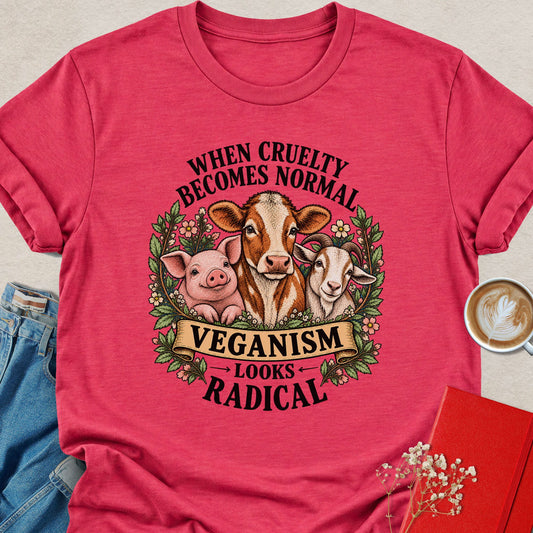 Red graphic vegan slogan T-shirt with animal faces and floral wreath
