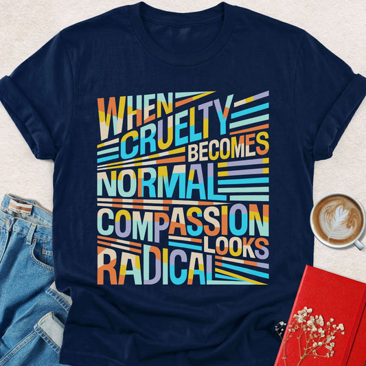 Navy crewneck short-sleeve T-shirt with multicolor text graphic square
