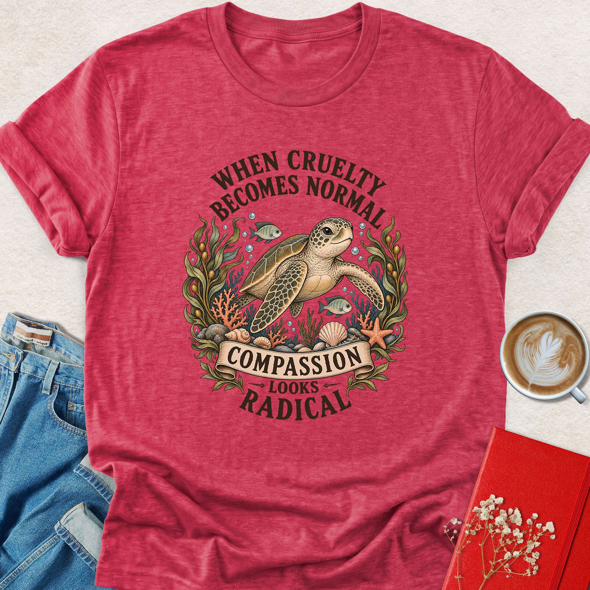 Heather red crewneck sea turtle graphic T-shirt, 'Compassion looks radical' print