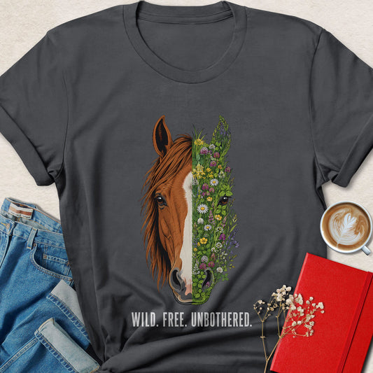 A dark charcoal gray t-shirt laid flat with a graphic of a horse's face split vertically, with one half showing brown hair and the other half covered in green leaves and small wildflowers. Below the graphic is the text 'WILD, FREE, UNBOTHERED.
